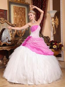Traditional Cinderella Quinceanera Dress in Rose Pink and White With Dotted Fabric