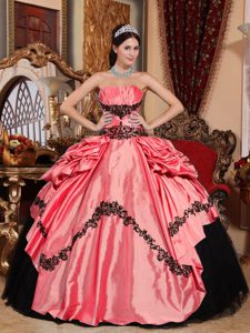 Watermelon Taffeta and Black Tulle Drapped Quinceanera Dress with Flowers on Sale