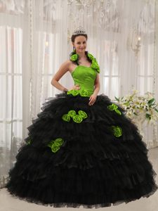 Halter Spring Green and Black Ball Gown Quinceanera Dress with Flowers and Ruffles
