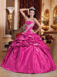 Hot Pink Strapless Ball Gown Taffeta Quinceanera Dress with Pick-ups and Appliques