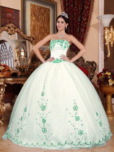 Pretty White Strapless Ball Gown Organza Quinceanera Dress with Green Embroidery