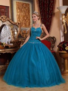 Custom Made Spaghetti Straps Ball Gown Teal Tulle Quinceanera Dress with Beading