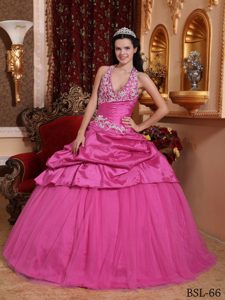 V-neck Rose Pink Halter Ball Gown Quinceanera Dress with Appliques and Pick-ups