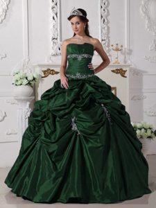 Nice Strapless Hunter Green Taffeta Quinceanera Dress with Pick-ups and Appliques