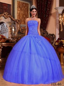 Bright Purple Strapless Ball Gown Tulle Quinceanera Dress with Appliques for Cheap