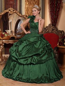 Unique Hunter Green Ball Gown Taffeta Quinceanera Dress with Pick-ups and Flowers