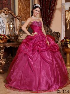 Wine Red Sweetheart Ball Gown Organza Beaded Quinceanera Dresses with Pick-ups