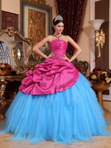 Strapless Hot Pink Taffeta and Blue Tulle Beaded Quinceanera Dresses with Pick-ups