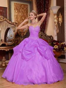 Lavender Sweetheart Ball Gown Organza Appliqued Quinceanera Dress with Pick-ups