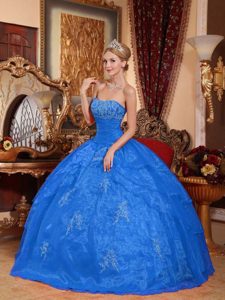 Bright Blue Strapless Ball Gown Organza Appliqued Sweet 16 Party Dress for Cheap