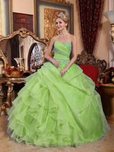 Best Yellow Green Sweetheart Organza Quinceanera Dress with Ruffles and Pick-ups