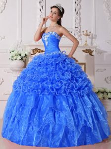Sky Blue Strapless Floor-length Organza Appliqued Quinceanera Dress with Ruffles