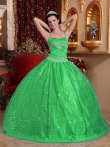Spaghetti Straps Spring Green Quinceanera Gown Dress with Appliques and Sequin