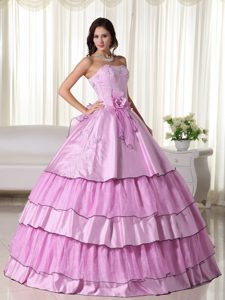 Rose Pink Strapless Taffeta and Organza Quinceanera Dress with Flowers and Layers