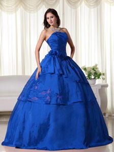 Royal Blue Strapless Ball Gown Taffeta Quinceanera Dress with Beading and Flowers