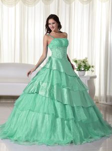 One-shoulder Apple Green Ball Gown Organza Quinceanera Dress with Layers on Sale