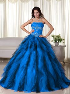 Sky Blue and Black Sweetheart Ball Gown Tulle Quinceanera Dresses with Appliques