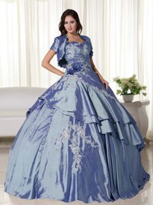 Bright Blue Strapless Ball Gown Taffeta Quinceanera Dress with Appliques and Jacket