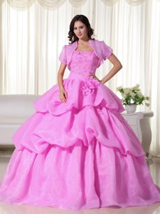 Rose Pink Strapless Appliqued Organza Quinceanera Dress with Pick-ups and Jacket