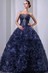 Navy Blue Strapless Ball Gown Organza Quinceanera Dress with Ruffles and Beading