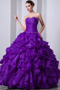 Unique Eggplant Purple Sweetheart Organza Beaded Quinceanera Dress with Ruffles