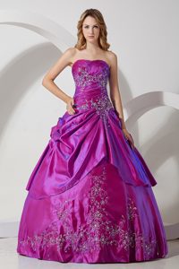 Chic Fuchsia Strapless Ball Gown Quinceanera Dress with Embroidery and Pick-ups