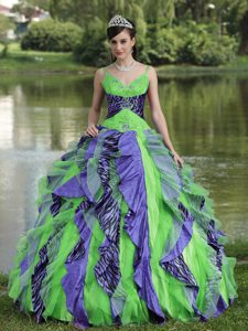 Spaghetti Straps Green and Purple Quinceanera Dresses with Appliques and Ruffles