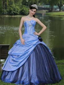 Strapless Bright Blue Ball Gown Taffeta Quinceanera Dress with Pick-ups and Flower