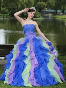 Popular Strapless Multi-colored Organza Appliqued Quinceanera Dress with Ruffles