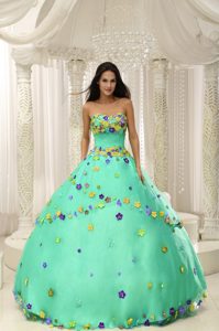 Spring Green Strapless Ball Gown Quinceanera Dress with Colorful Floral Appliques