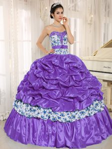 New Purple Taffeta and Printed Sweetheart Beaded Quinceanera Dress with Pick-ups