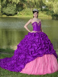 Purple and Pink Sweetheart Brush Train Appliqued Quinceanera Dress with Pick-ups