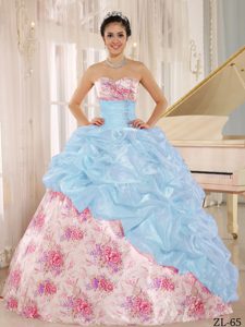 New Printed Sweetheart Beaded and Pick-ups Quince Dresses in Multi-color