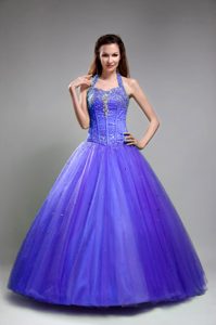 Bolled Detail Floor-length Tulle Beaded Sweet Sixteen Dresses with Halter