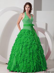 Fabulous Halter Top Chiffon Sweet Sixteen Quinceanera Dress in Green