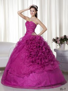 Ruched and Beaded Long Organza Attractive Quinceanera Gown in Fuchsia