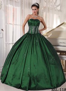 Memorable Embroidered Lace-up Taffeta Sweet 16 Dress in Dark Green