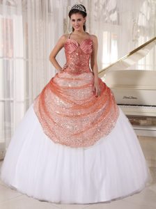 Rust Red and White Spaghetti Tulle Quinceanera Gowns with Sequins
