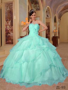 Sweetheart Aqua Blue Organza Luxurious Quinceanera Dress with Flowers