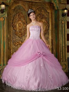 Impressive Strapless Pink Tulle Quinceanera Gown Dresses with Appliques