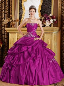 Popular Strapless Lace-up Floor-length Taffeta Sweet 16 Dress in Fuchsia