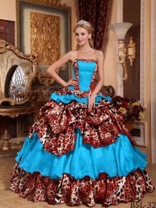 Dressy Strapless Floor-length Taffeta and Leopard Quinceanera Gown in Blue