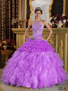 Purple One Shoulder Satin and Organza Quinceanera Dresses with Ruffles