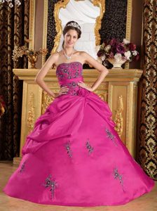 2013 Brand New Strapless Embroidery Hot Pink Dress for Quince in Taffeta