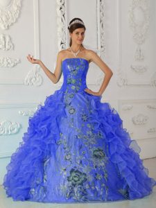 Exquisite Strapless Embroidery Blue Dress for Quince with Ruffled Layers