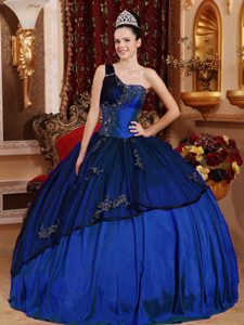 One Shoulder Beaded and Appliqued Dress for Quince in Taffeta and Organza