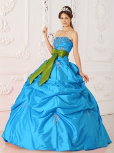 Teal Strapless Taffeta Quinceanera formal Dresses with Beading and Sash