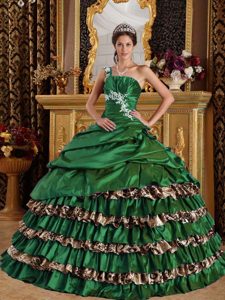 Green One Shoulder Appliqued Quinceanera Dresses in Taffeta and Leopard
