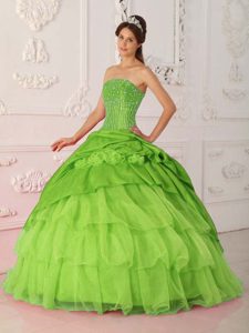 Spring Green Strapless Beaded Quinceanera Gowns in Organza and Taffeta