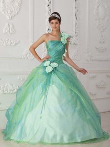 Apple Green One Shoulder Organza Quinceanera Dresses with Hand Flowers